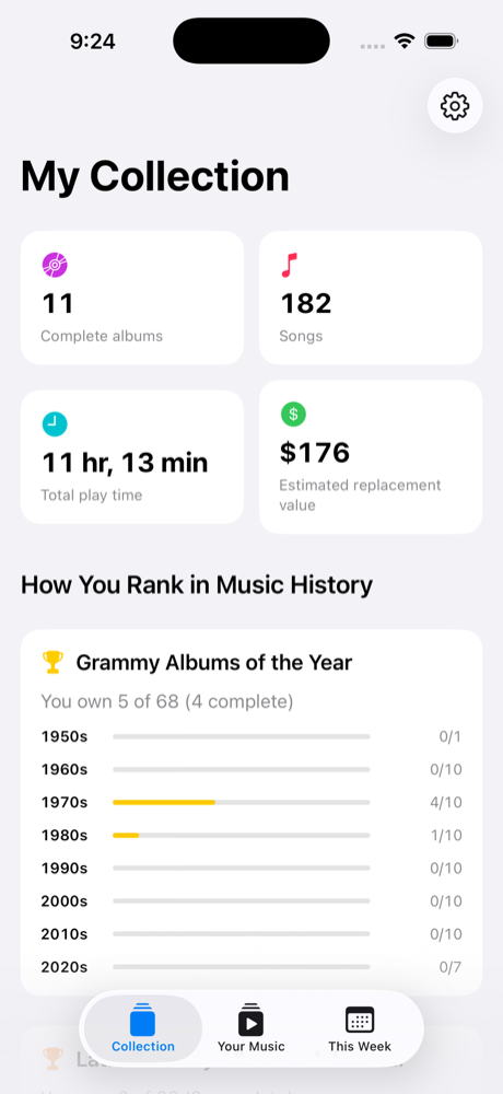 musicLedger — Collection dashboard with totals and Grammy rankings
